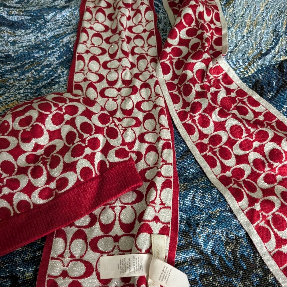 Coach Red and Silver Patterned Scarf And Hat